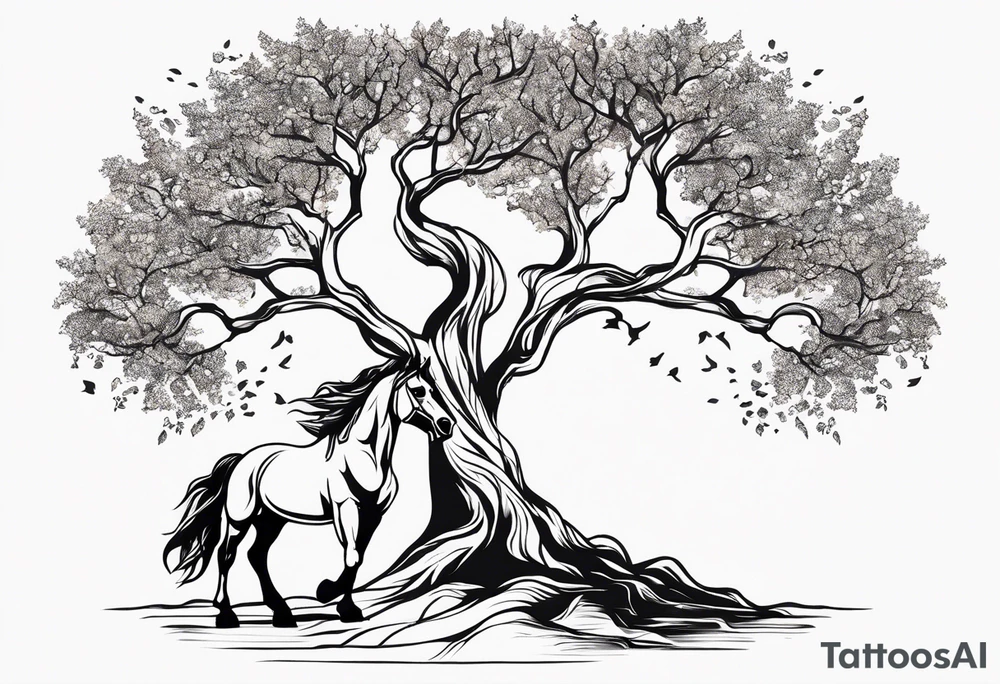 Realistic Horse and Yggdrasil tree tattoo idea