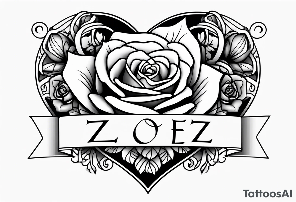 Zoe name written within a heart and rose tattoo idea