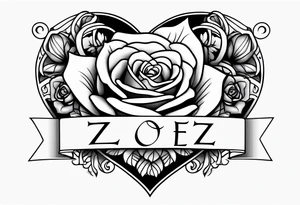 Zoe name written within a heart and rose tattoo idea