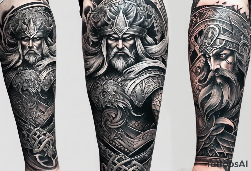 A full leg sleeve based on Norse mythology tattoo idea