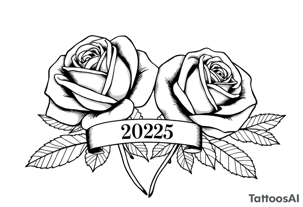 two beautiful large rose buds, one larger than the other, with lots and lots of leaves next to the rose buds, with one sitting slightly higher than the other, side-by-side.  Include a banner connecting the two roses with the year 2025 on it.   Use dark outlines with little shading. No stems tattoo idea