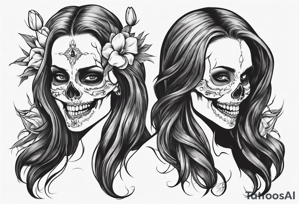 female skull with long hair, friendly smile, from side, tulip steem between teeths tattoo idea female skull with long hair, friendly smile, from side, tulip steem between teeths tattoo idea