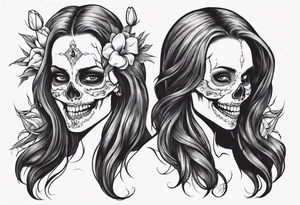female skull with long hair, friendly smile, from side, tulip steem between teeths tattoo idea