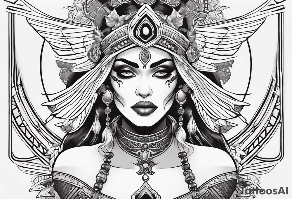 kali, alien goddess, valkrye, pirate, zenza, lotus, wing, pachamama, skull tattoo idea
