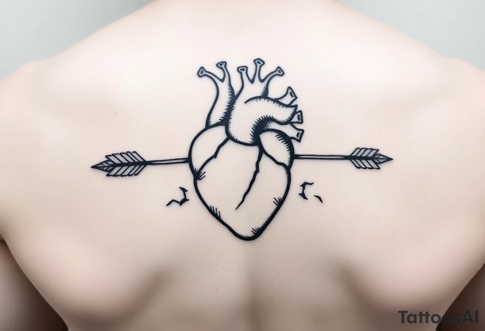 anatomical heart pierced by ornate arrow with flowing ribbons tattoo idea