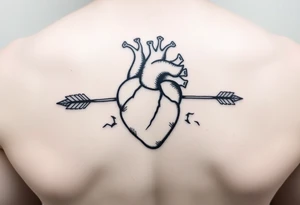 anatomical heart pierced by ornate arrow with flowing ribbons tattoo idea