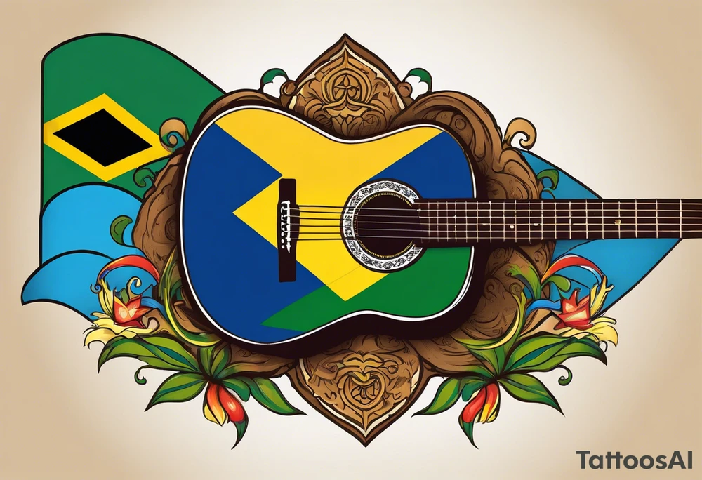 acoustic guitar with divided
 diagonally with one side with the flag of curacao, the other with some reggae colors. on the outside of the guitar, the side with the curacao flag to adorned with some beach or sea creature theme, like a sea turtle. The side with the reggae to have some music notes flowing out tattoo idea