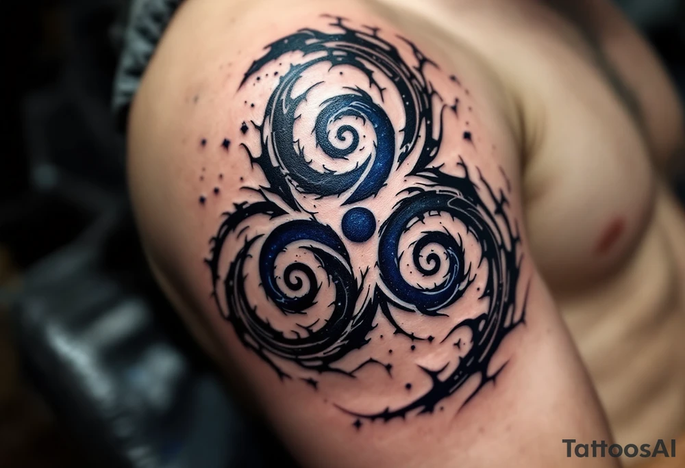 A swirling three triskelion spirals, hypnotic design in black and deep indigo, creating a sense of movement and energy, resembling a cosmic portal. tattoo idea
