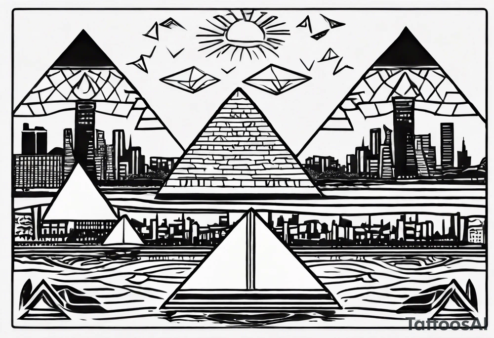 design featuring the Pyramids of Giza gracefully merging with the Manhattan skyline. Integrate the Nile River flowing into the Hudson River to symbolize your cultural journey. Keep the design clean and impactful, focusing on key elements to maintain a timeless and meaningful representation of your identity and experiences. tattoo idea