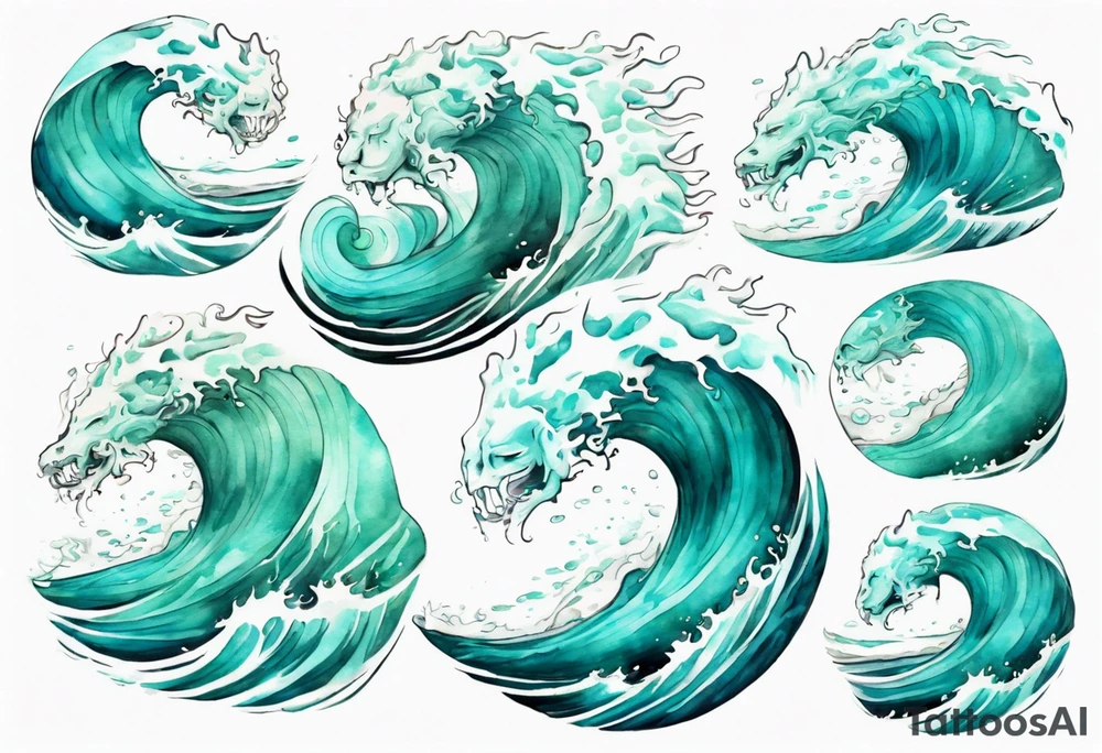 a beautiful chubby turquoise gorgon emerging from an ocean wave, crashing onto the shore tattoo idea