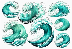 a beautiful chubby turquoise gorgon emerging from an ocean wave, crashing onto the shore tattoo idea