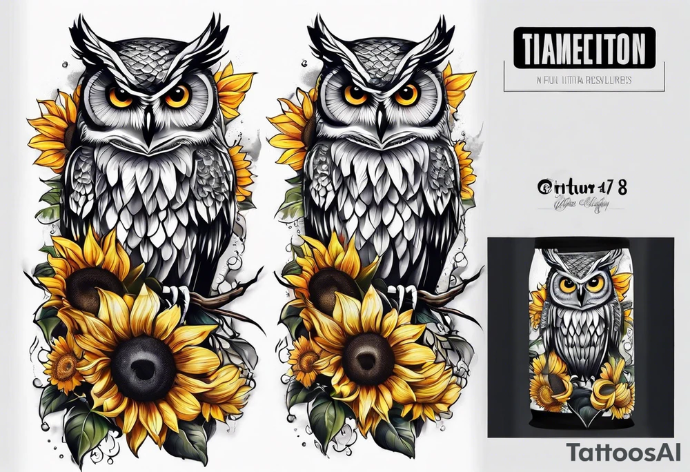 Arm sleeve with owl and sunflowers tattoo idea