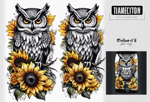 Arm sleeve with owl and sunflowers tattoo idea