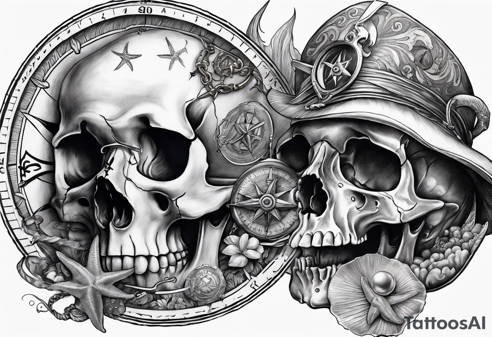 Nautical pirate themed compass surrounded by a skull, oyster with pearl, shark and starfish tattoo idea