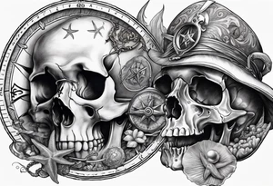 Nautical pirate themed compass surrounded by a skull, oyster with pearl, shark and starfish tattoo idea