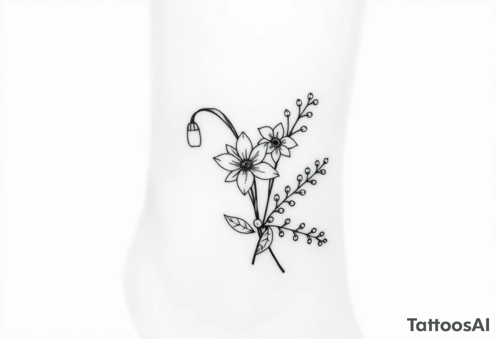 Bouquet of birth months flowers Lilly of the valley, daffodil, larkspur and Ilex aquifolium with berries tattoo idea
