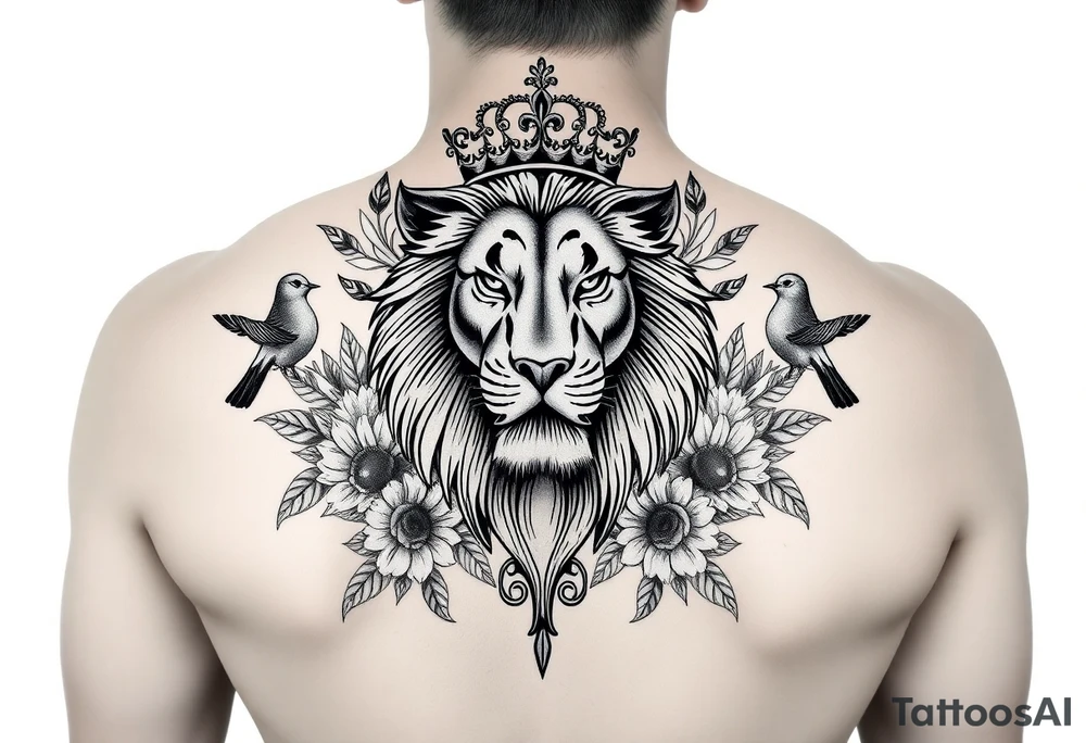 powerful majestic lion with a crown, surrounded by floral ornaments and birds tattoo idea