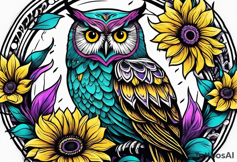 Black and white owl shaded teal, pink and purple surrounded by yellow sunflowers sleeve tattoo idea
