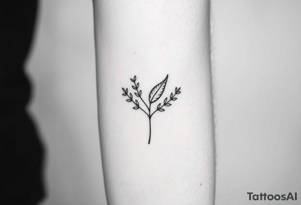 laurel branch with one leaf inverted, the inverted leaf is part of the branch and the same size as the others leaves tattoo idea