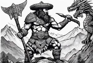 aztec dwarven warrior with a war axe fighting against a dragon in in the mountains as the sun is rising tattoo idea