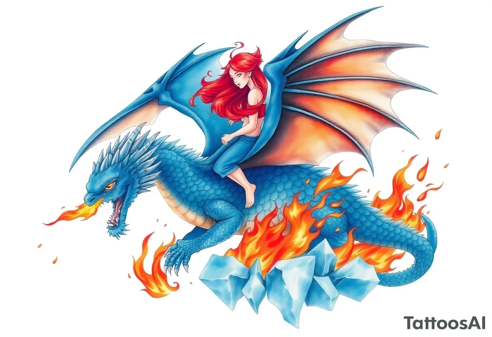 Redheaded girl on a blue dragon who is breathing fire with wings spread and flying over ice and flames tattoo idea