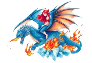 Redheaded girl on a blue dragon who is breathing fire with wings spread and flying over ice and flames tattoo idea