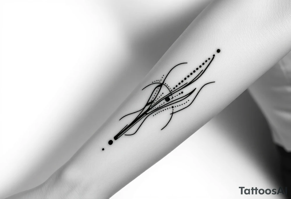 Abstract black line tattoo for a male, inner forearm and elbow area.
Broken, segmented flowing lines, sharp turns, mechanical rhythm, subtle dot accents.
Not delicate, not ornamental, technical and controlled motion.
Black ink only, no shading, photo-accurate tattoo design. tattoo idea