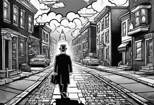 Monopoly man walking down a urban street with scattered xzanax bars and clouds with praying hands used for fillers tattoo idea