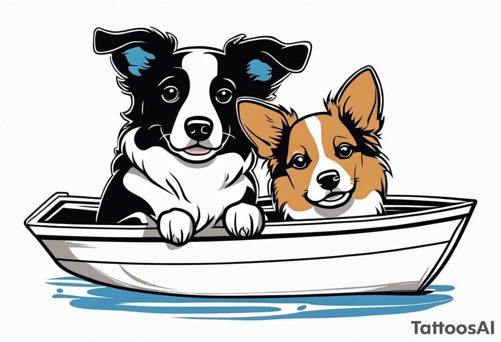 two dogs in a boat. One dog is tan with big ears like a chihuahua. The other dog is black and white and looks like an australian shepherd with floppy ears tattoo idea