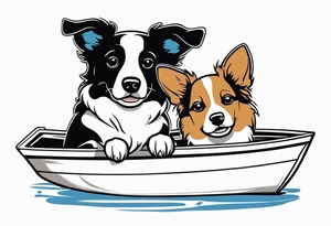 two dogs in a boat. One dog is tan with big ears like a chihuahua. The other dog is black and white and looks like an australian shepherd with floppy ears tattoo idea