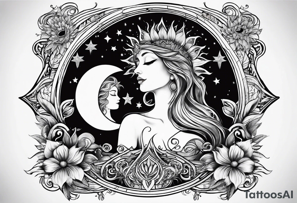Twin flame with moon and sun tattoo idea