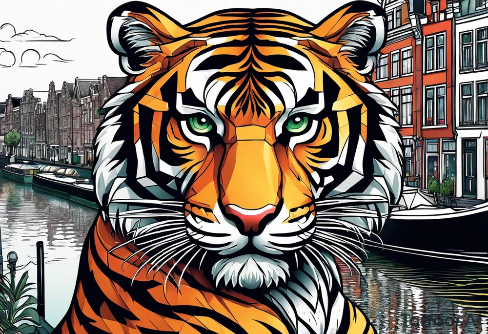 Tiger and pineapple featuring Amsterdam buildings and canal tattoo idea