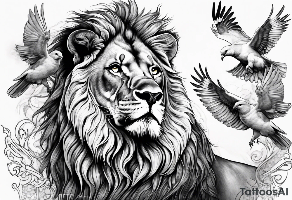 Lion of Judah with doves tattoo idea