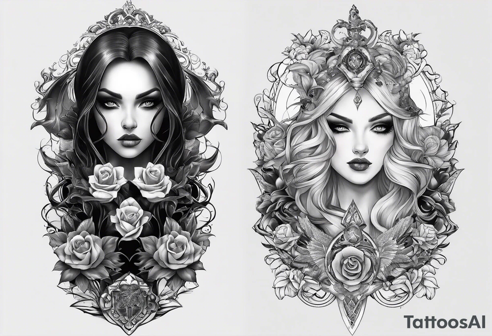 Sleeve tattoo. Good vs evil. Gothic elements, tattoo idea Sleeve tattoo. Good vs evil. Gothic elements, tattoo idea