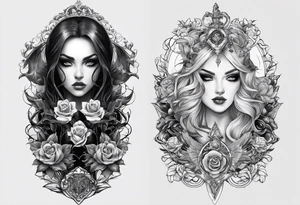 Sleeve tattoo. Good vs evil. Gothic elements, tattoo idea