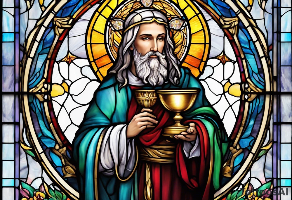 holy saint stained glass holding a chalice tattoo idea