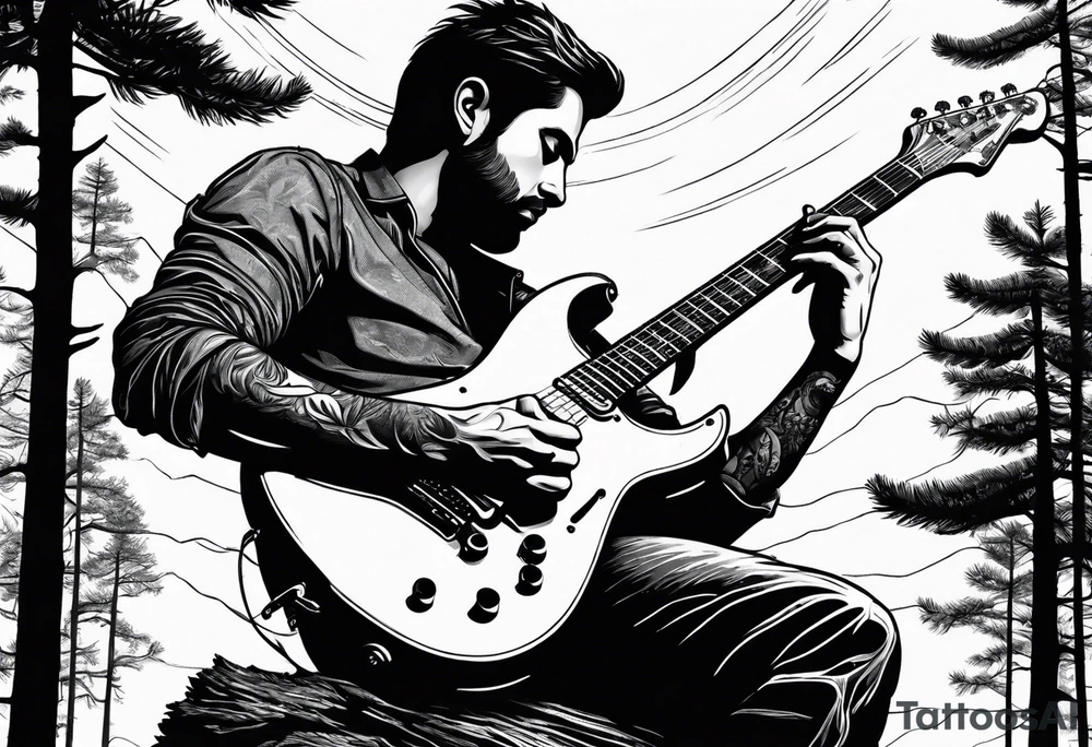 man playing electric guitar while sitting in a pine tree tattoo idea