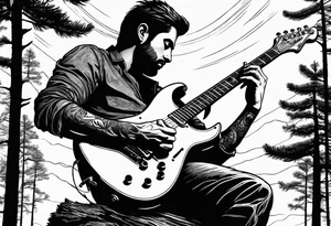 man playing electric guitar while sitting in a pine tree tattoo idea