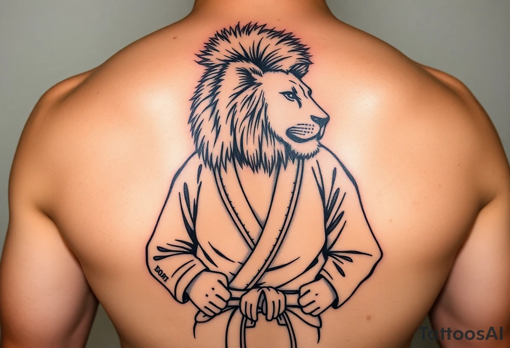 Lion in the Serengeti wearing a Brazilian hi jitsu gi as a person would along side his two sons tattoo idea