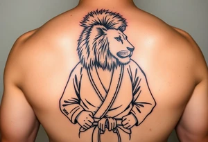 Lion in the Serengeti wearing a Brazilian hi jitsu gi as a person would along side his two sons tattoo idea