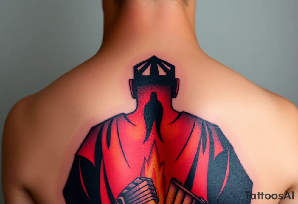 A silhouette of Jan Hus standing before a bonfire, with fiery orange and red shades blending into a deep blue sky. tattoo idea