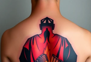 A silhouette of Jan Hus standing before a bonfire, with fiery orange and red shades blending into a deep blue sky. tattoo idea