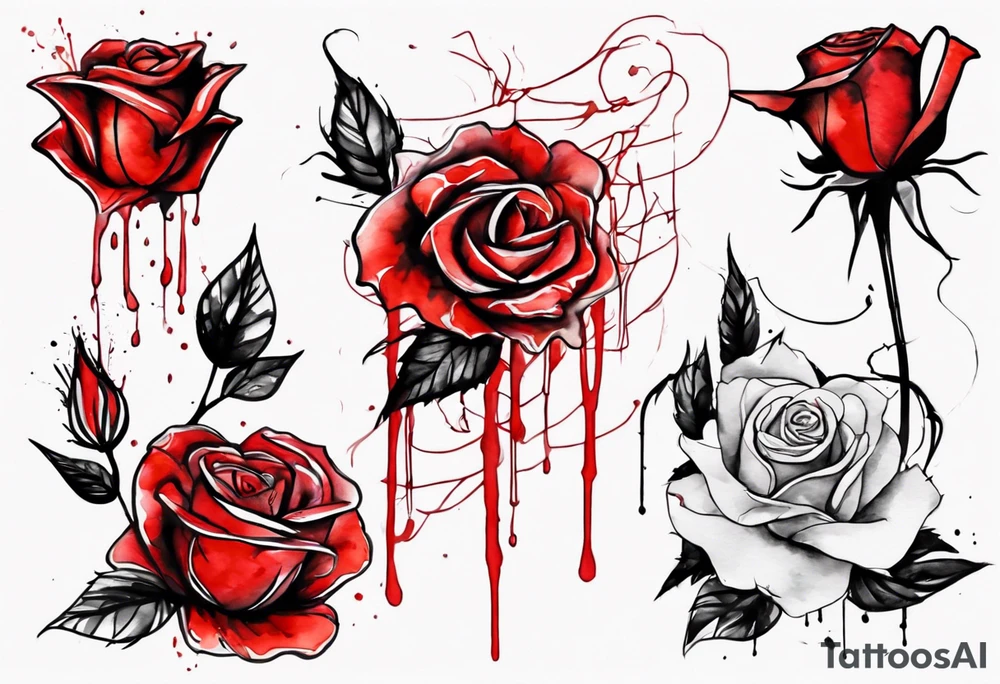 rose flower, one line, red blood dripping from the flower, tall, watercolor, with Christian aspects tattoo idea