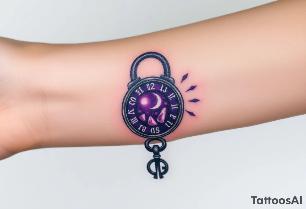 A deep purple crystal lock with glowing runes, and a crescent moon-shaped key radiating a mystical aura tattoo idea