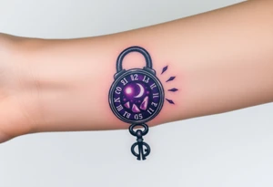 A deep purple crystal lock with glowing runes, and a crescent moon-shaped key radiating a mystical aura tattoo idea