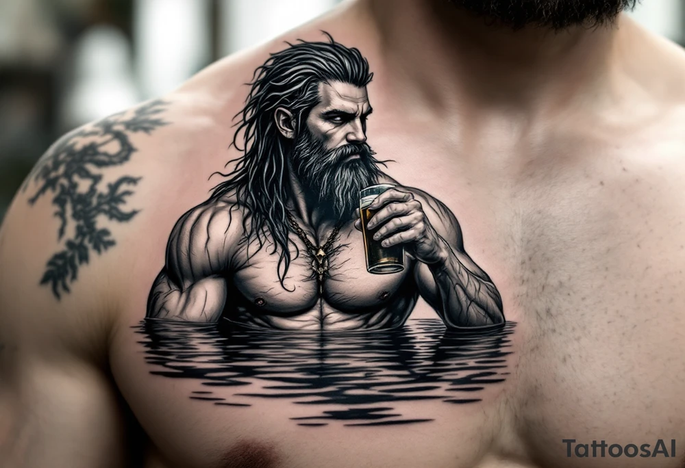 young, fit poseidon in calm water, holding a trident, drinking a beer tattoo idea