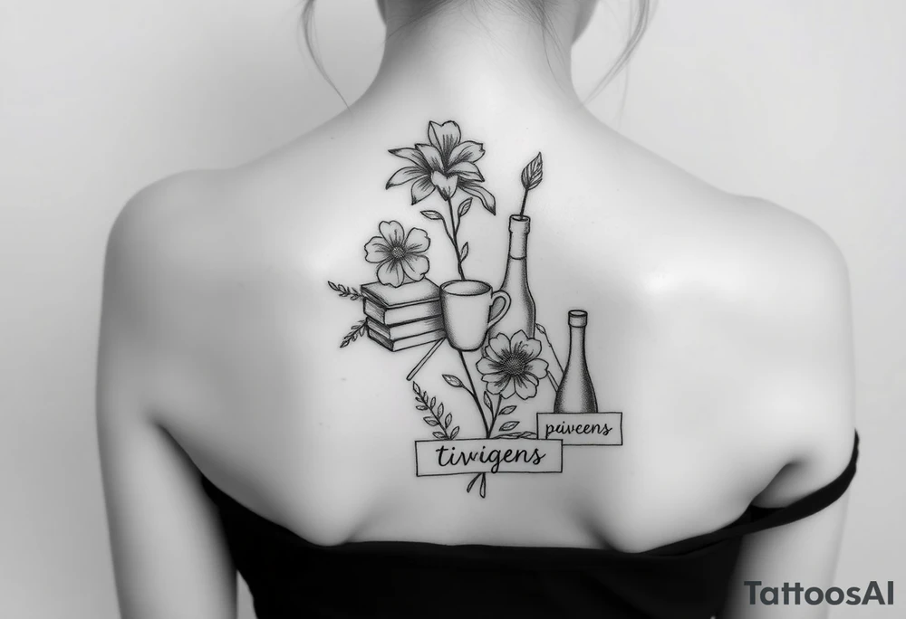 Flor de lótus, livros, vinhos, cafés, viagens e signo de gêmeos tudo junto no braço, tatto pequena tattoo idea