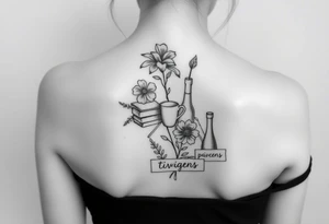 Flor de lótus, livros, vinhos, cafés, viagens e signo de gêmeos tudo junto no braço, tatto pequena tattoo idea