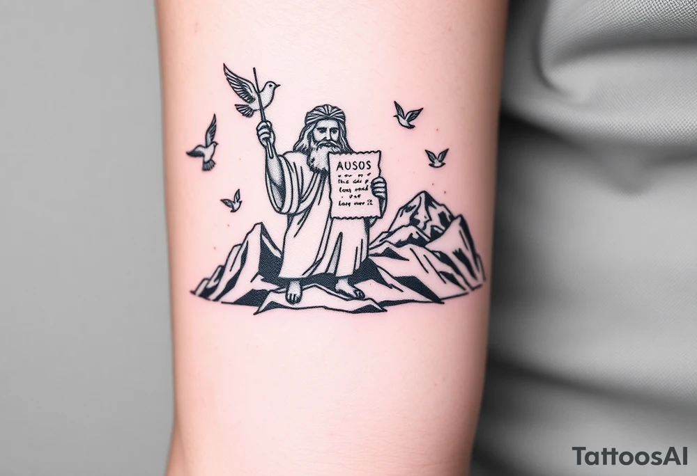 Moses holding the Ten Commandments with doves flying nearby on mountain Sinai tattoo idea