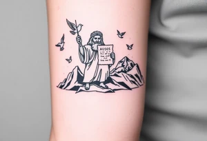 Moses holding the Ten Commandments with doves flying nearby on mountain Sinai tattoo idea